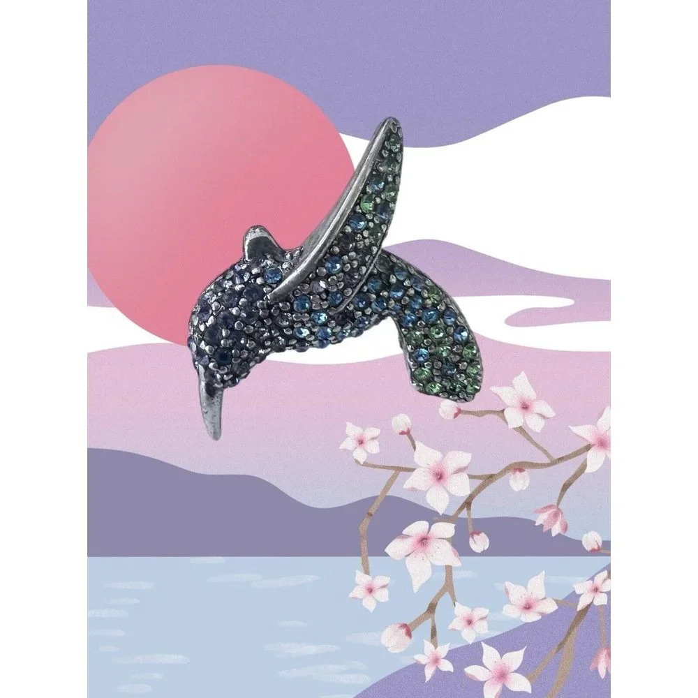 Monet Hummingbird Brooch Pin Rhinestone Crystal Green Blue Signed Sparkle